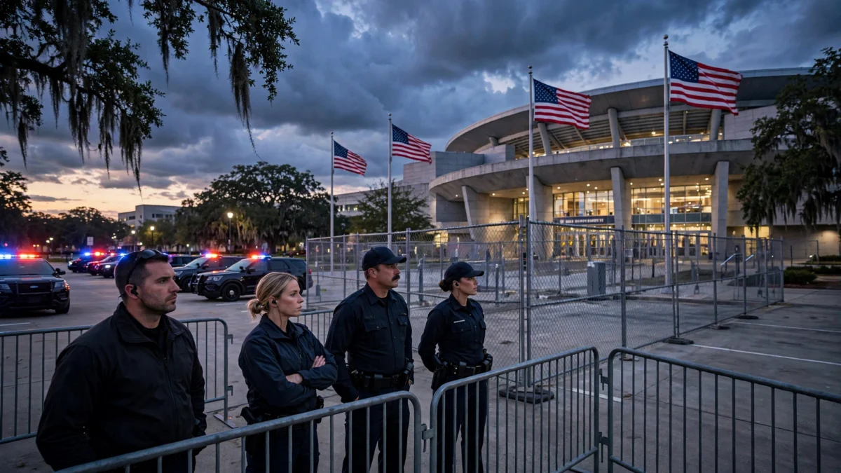 Law enforcement officers stand guard outside a university arena in Mobile, Alabama, at dusk ahead of a presidential campaign rally.
