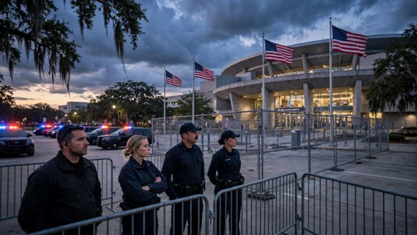 Law enforcement officers stand guard outside a university arena in Mobile, Alabama, at dusk ahead of a presidential campaign rally.