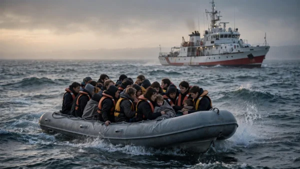 An overcrowded small migrant boat crosses the English Channel as a coast guard vessel watches nearby at dusk.