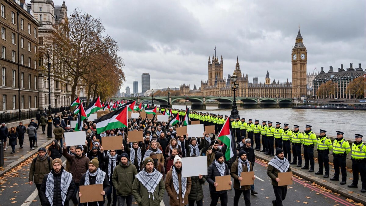 Pro-Palestine demonstrators carrying Palestinian flags and blank placards march along the Thames toward Big Ben and the Houses of Parliament as Metropolitan Police officers in high-visibility jackets line the pavement in central London
