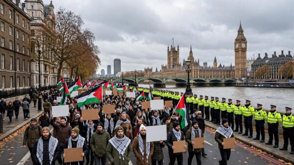 Pro-Palestine demonstrators carrying Palestinian flags and blank placards march along the Thames toward Big Ben and the Houses of Parliament as Metropolitan Police officers in high-visibility jackets line the pavement in central London