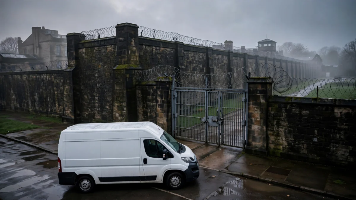 Stone perimeter wall, barbed wire and security gates of a British prison at dawn, with a prison transport van outside the gates