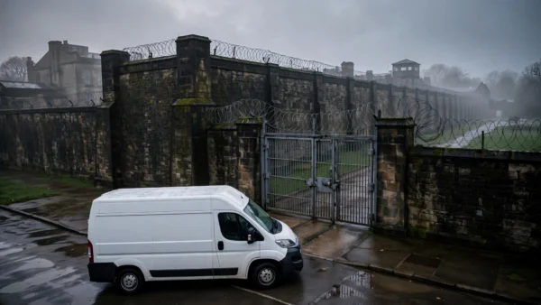 Stone perimeter wall, barbed wire and security gates of a British prison at dawn, with a prison transport van outside the gates