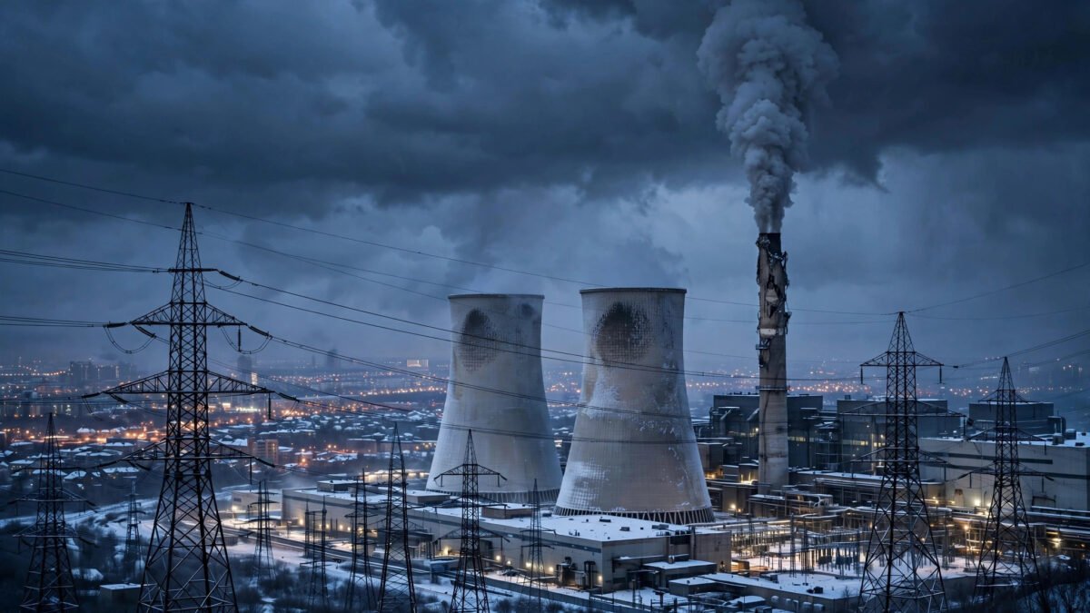 Twilight view of a large thermal power plant under storm clouds with a distant winter city glowing below — Ukraine's energy infrastructure, the target at the heart of the Russia-Ukraine war.