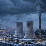 Twilight view of a large thermal power plant under storm clouds with a distant winter city glowing below — Ukraine's energy infrastructure, the target at the heart of the Russia-Ukraine war.