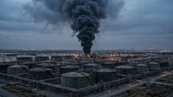AI-generated editorial illustration: dark smoke column rising from an oil storage terminal at dusk, depicting the reported fire at the Yug Rusi oil-loading terminal in Rostov-on-Don, Russia