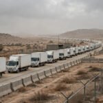 Long convoy of white humanitarian aid trucks waiting in line at a dusty Gaza border crossing checkpoint with concrete barriers and fencing