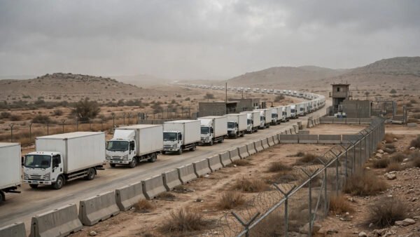 Long convoy of white humanitarian aid trucks waiting in line at a dusty Gaza border crossing checkpoint with concrete barriers and fencing