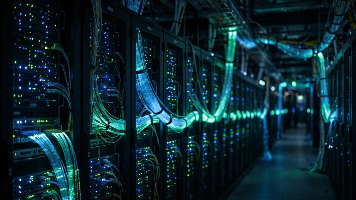 Rows of AI server racks in a darkened data centre hall linked by glowing fibre-optic networking cables, blue and green indicator lights, cinematic editorial photograph