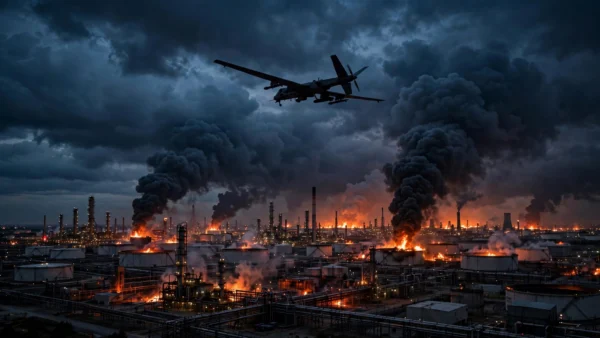 Drone silhouette over a burning oil refinery at dusk