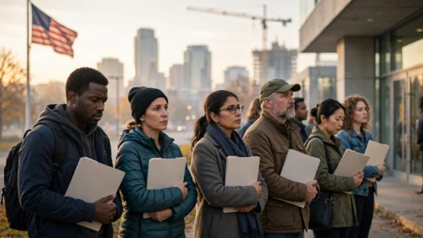 Diverse American job seekers holding blank folders queue outside an employment center at dawn with the U.S. flag and city skyline behind them, illustrating the weak September 2026 U.S. jobs report.