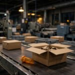 Amber prescription medicine bottle beside an open small cardboard parcel on a conveyor belt inside a US international mail sorting facility.