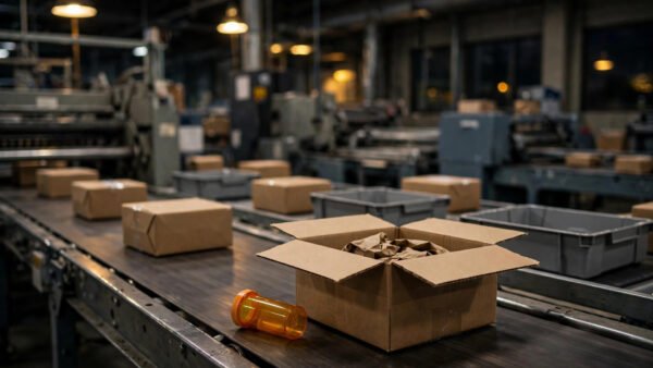 Amber prescription medicine bottle beside an open small cardboard parcel on a conveyor belt inside a US international mail sorting facility.