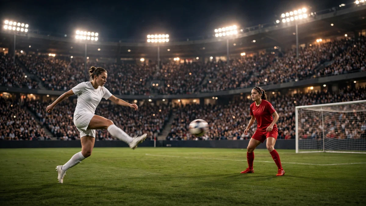 Two women's soccer players contesting the ball under floodlights in a packed stadium at night, one in a white kit striking a volley toward goal.