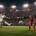 Two women's soccer players contesting the ball under floodlights in a packed stadium at night, one in a white kit striking a volley toward goal.
