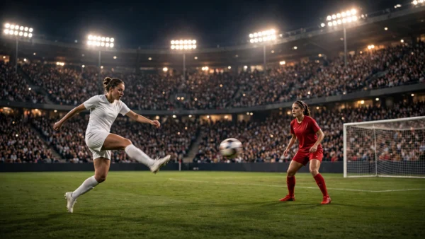 Two women's soccer players contesting the ball under floodlights in a packed stadium at night, one in a white kit striking a volley toward goal.