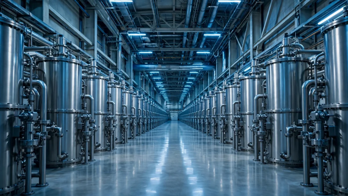 Interior of a nuclear fuel enrichment facility with long rows of centrifuge cylinders, illustrating Iran's nuclear enrichment programme.