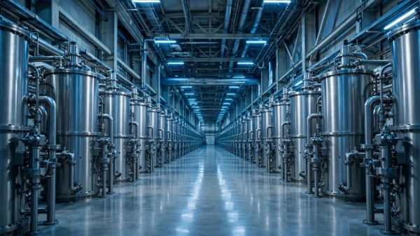 Interior of a nuclear fuel enrichment facility with long rows of centrifuge cylinders, illustrating Iran's nuclear enrichment programme.