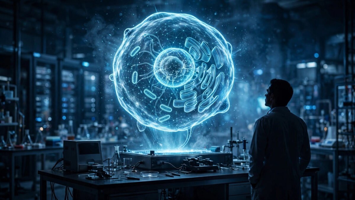 A glowing holographic model of a human cell floating above a laboratory workstation as a scientist studies it, illustrating the Virtual Biology Initiative's goal of building AI that can predict how cells behave.