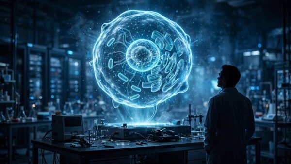 A glowing holographic model of a human cell floating above a laboratory workstation as a scientist studies it, illustrating the Virtual Biology Initiative's goal of building AI that can predict how cells behave.