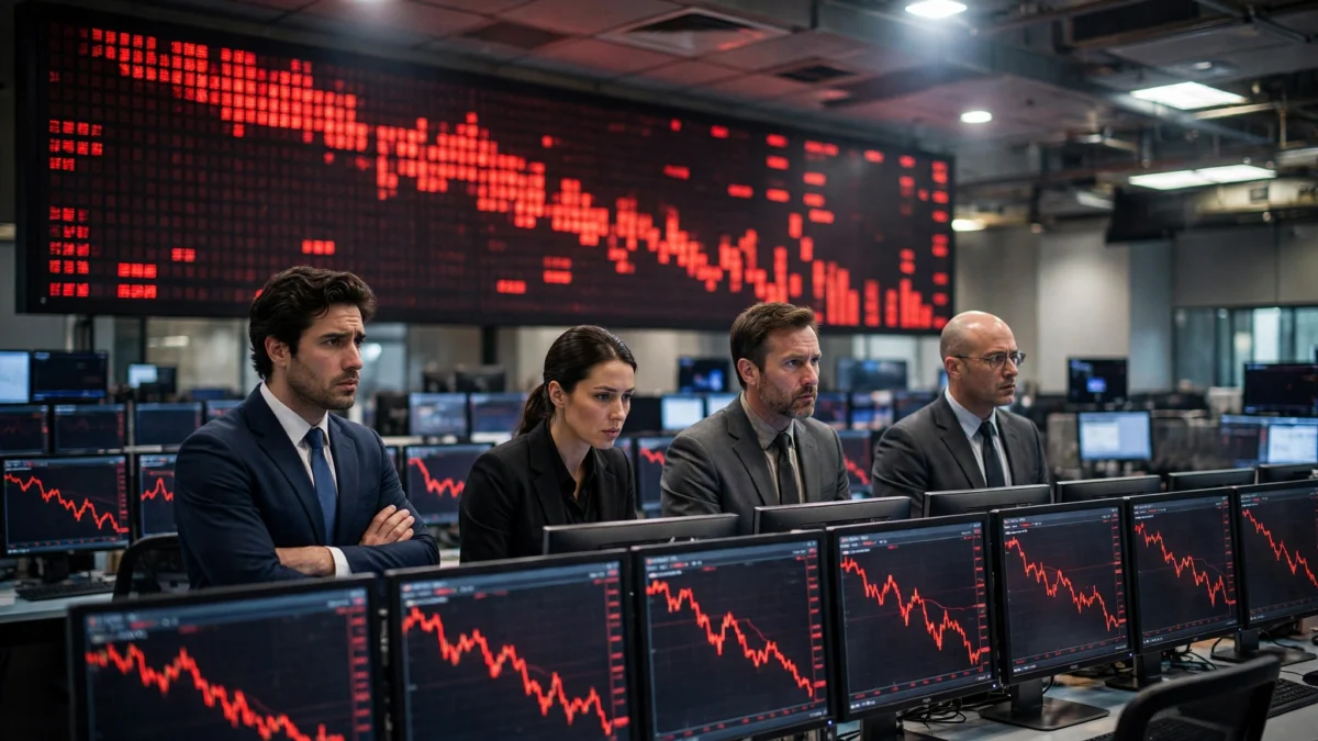 Traders on a Wall Street trading floor watching rows of monitors showing red falling charts during a bond-market selloff.