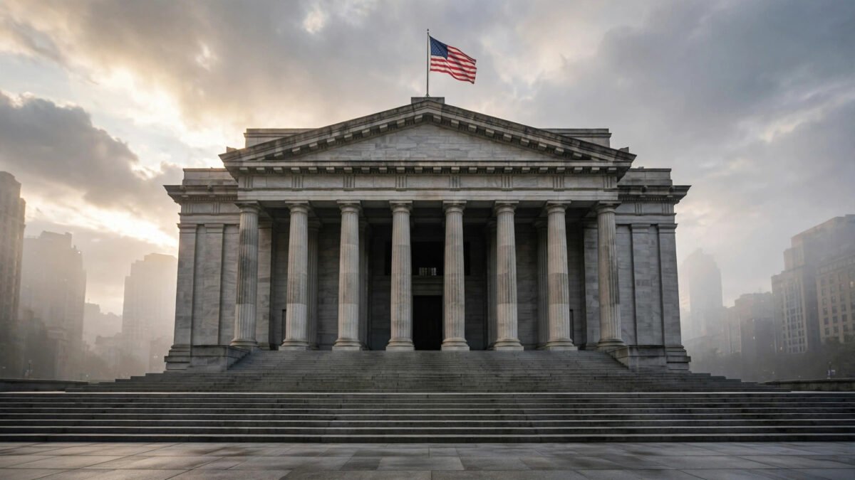 Neoclassical central bank building facade with tall stone columns and an American flag under a dramatic morning sky, illustrating the Federal Reserve
