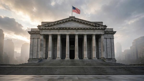 Neoclassical central bank building facade with tall stone columns and an American flag under a dramatic morning sky, illustrating the Federal Reserve