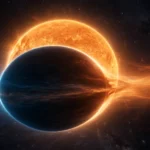 AI-generated illustration of the hot Jupiter exoplanet WASP-17b transiting in front of its glowing host star, showing its atmosphere as a slightly egg-shaped, asymmetrical limb — hot amber-orange extended edge on the evening side and a cooler dim blue edge on the morning side, with wind streams flowing from the bright dayside toward the dark nightside.