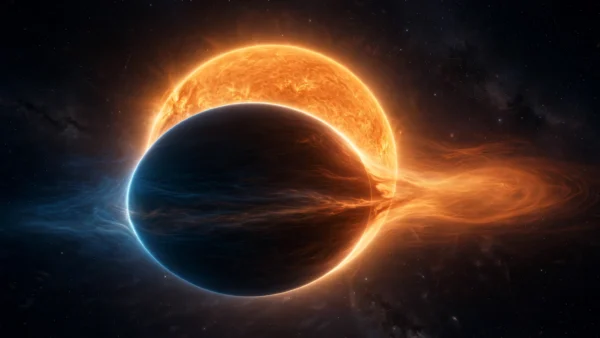 AI-generated illustration of the hot Jupiter exoplanet WASP-17b transiting in front of its glowing host star, showing its atmosphere as a slightly egg-shaped, asymmetrical limb — hot amber-orange extended edge on the evening side and a cooler dim blue edge on the morning side, with wind streams flowing from the bright dayside toward the dark nightside.