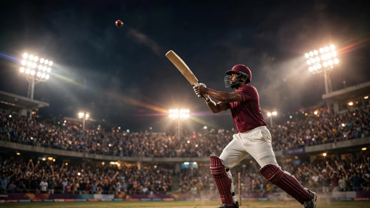 West Indies batsman in a maroon jersey playing a lofted shot under floodlights during the second T20 international against India at Ranchi's JSCA International Stadium Complex