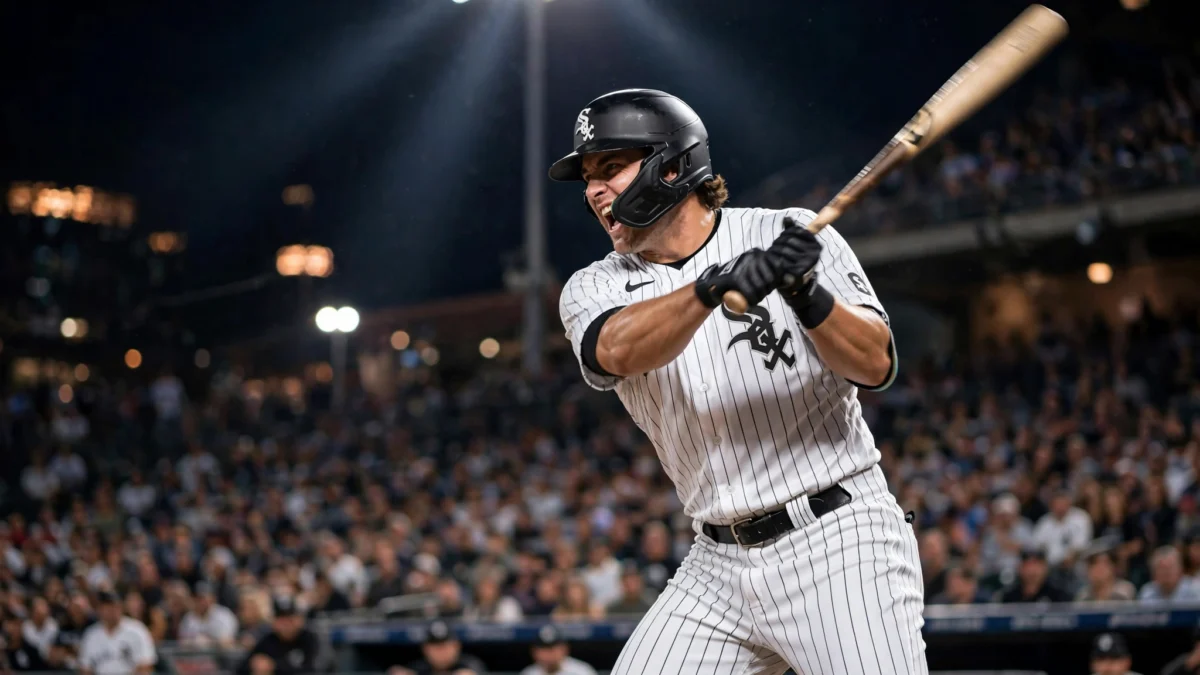 A Chicago White Sox batter in a pinstripe home uniform swings at a pitch during a night game at a packed stadium.