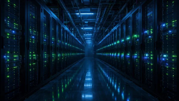 Long rows of server racks inside a modern data centre, illustrating Yandex's computing infrastructure.