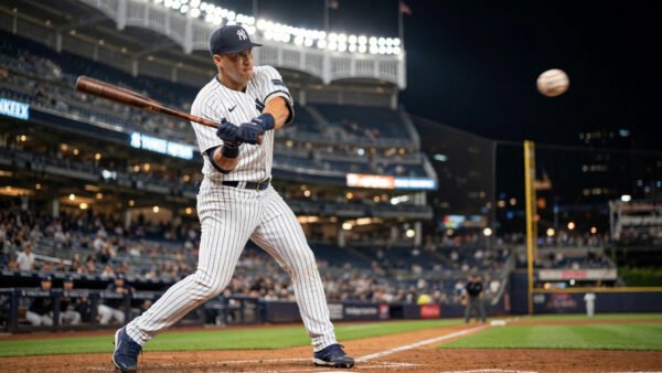 New York Yankees batter swinging at night during the AL Wild Card Series sweep of the Boston Red Sox at Yankee Stadium