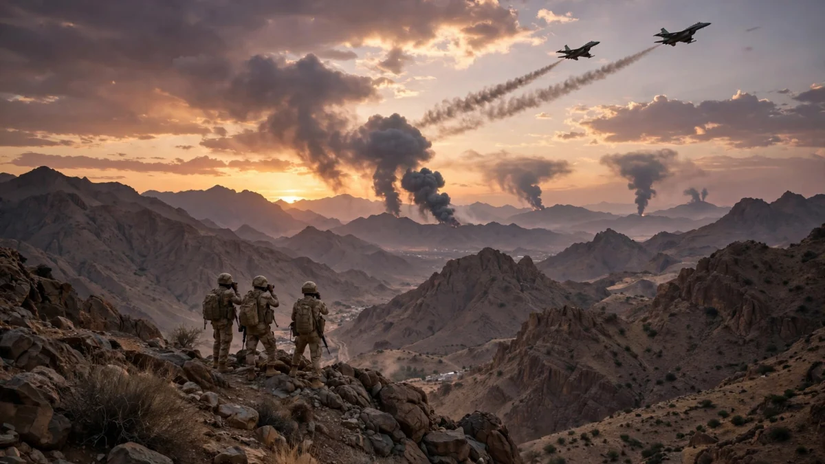 Yemeni soldiers overlook the mountains of Taiz province at dusk as fighter jets fly overhead during the army's operations against the Houthis.