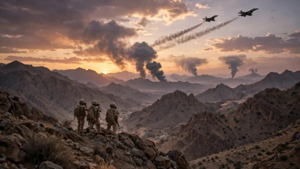 Yemeni soldiers overlook the mountains of Taiz province at dusk as fighter jets fly overhead during the army's operations against the Houthis.