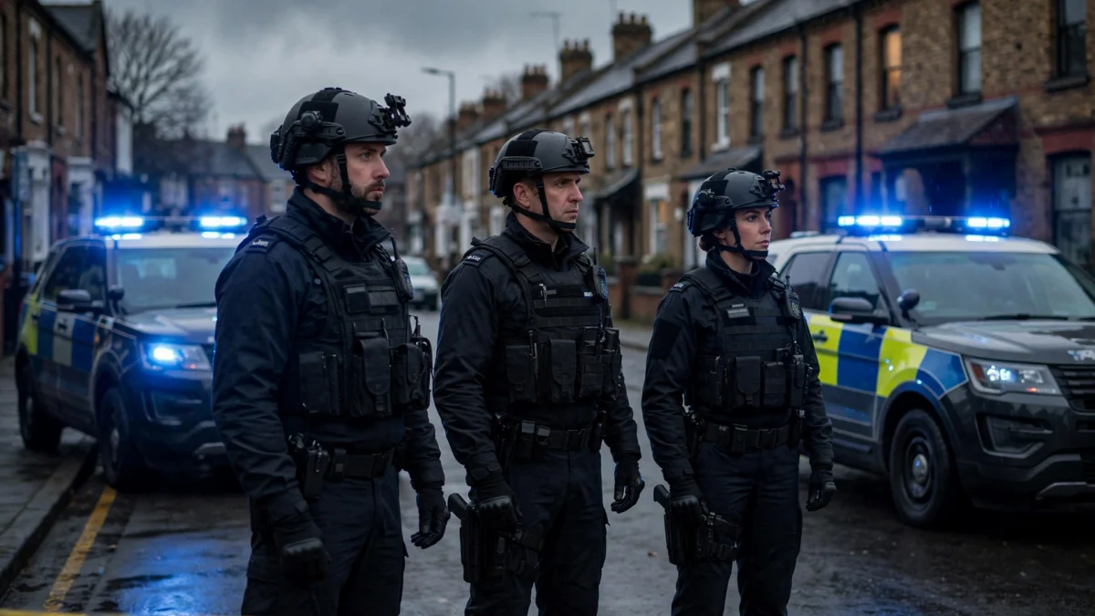 British counter-terrorism police officers at a cordon on a Manchester street with flashing blue lights