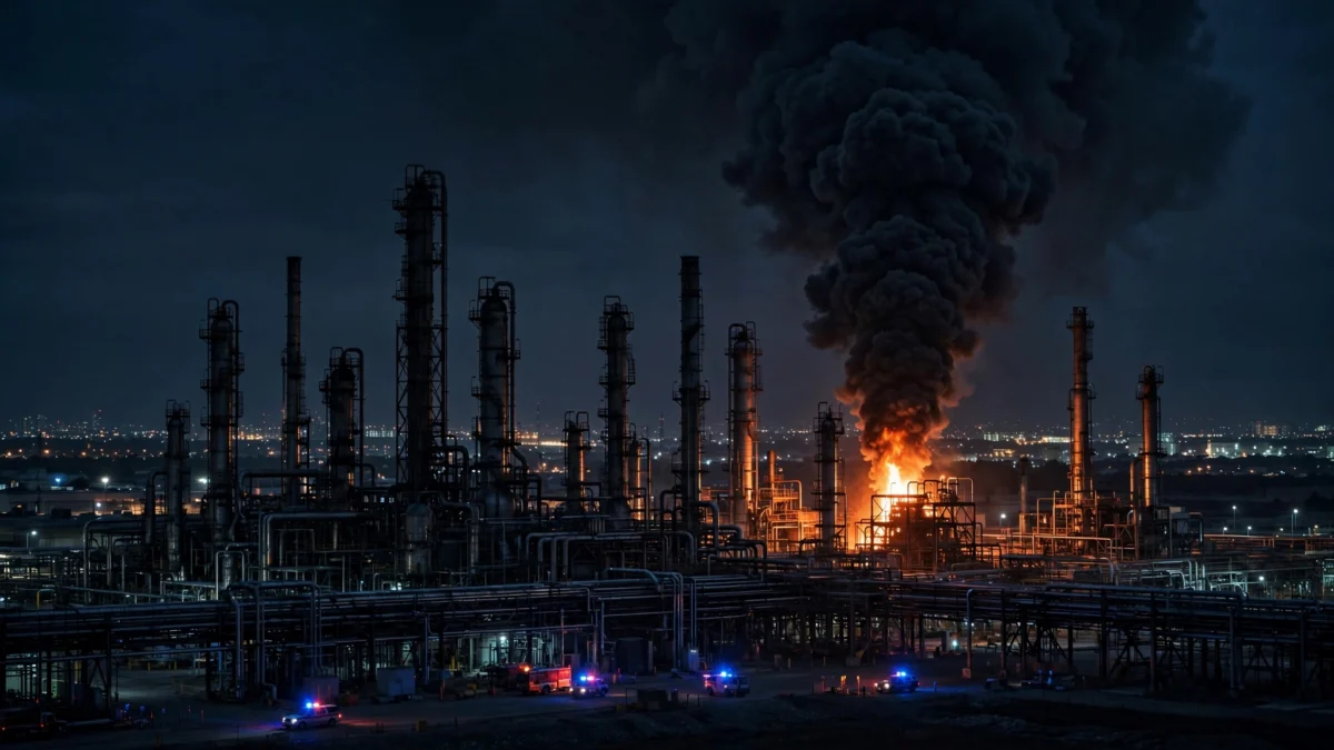 Night view of an oil refinery with a fire burning at one processing unit and a thick column of smoke rising, emergency vehicles at the scene.