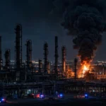 Night view of an oil refinery with a fire burning at one processing unit and a thick column of smoke rising, emergency vehicles at the scene.