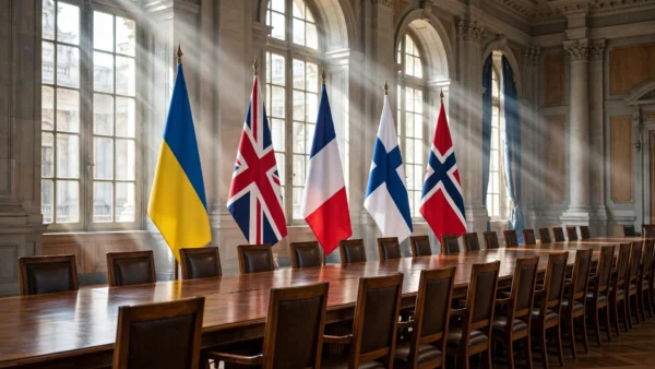 European summit hall with the flags of Ukraine, the United Kingdom, France, Finland and Norway behind a long diplomatic table