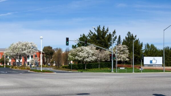File photo: the entrance to Meta's headquarters campus in Menlo Park, California, with the Facebook Like sign at 1601 Willow Road.