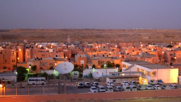 File photo: The MINURSO headquarters compound in Laayoune, Western Sahara, at dusk, with United Nations vehicles parked inside.
