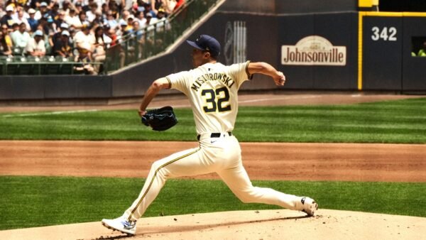 File photo: Milwaukee Brewers pitcher Jacob Misiorowski delivering a pitch.