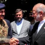 Field Marshal Asim Munir shakes hands with Iranian parliament speaker Mohammad Baqir Qalibaf in Tehran, with Foreign Minister Abbas Araghchi behind them. File photo, April 2026.