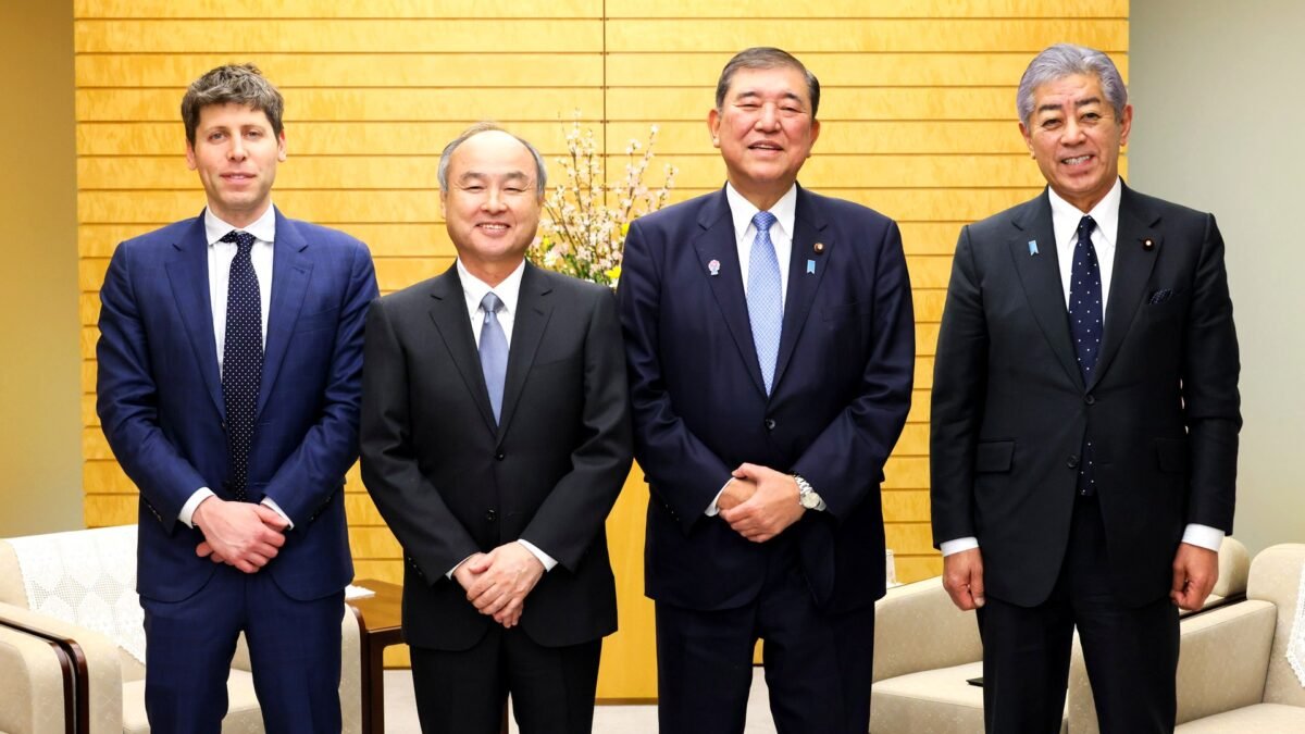 File photo: OpenAI CEO Sam Altman (left) and SoftBank Group CEO Masayoshi Son (second from left) at the Japanese Prime Minister's Residence in Tokyo, 3 February 2025.