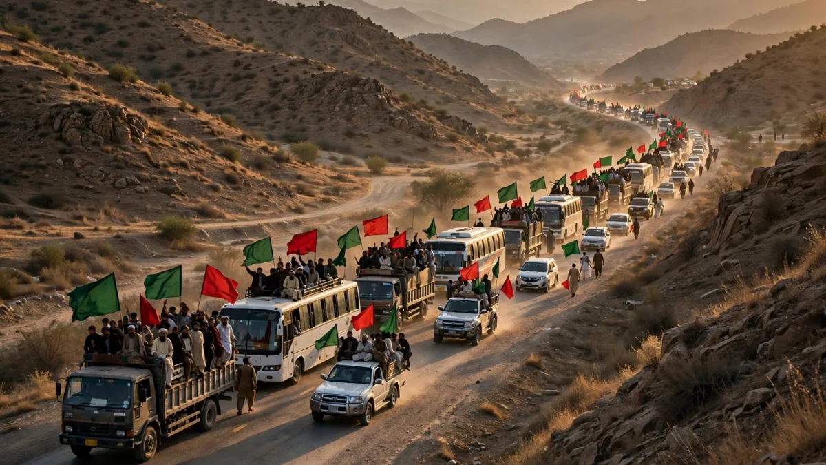 A convoy of trucks and buses carrying supporters with red and green flags on a highway in Khyber Pakhtunkhwa at dusk during the PTI long march toward Islamabad