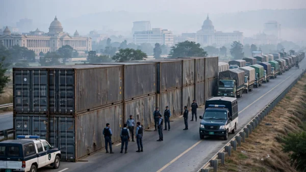 Steel shipping containers stacked as a barricade across a highway into Islamabad, with police personnel and patrol vans beside them and cargo trucks queued on the roadside.