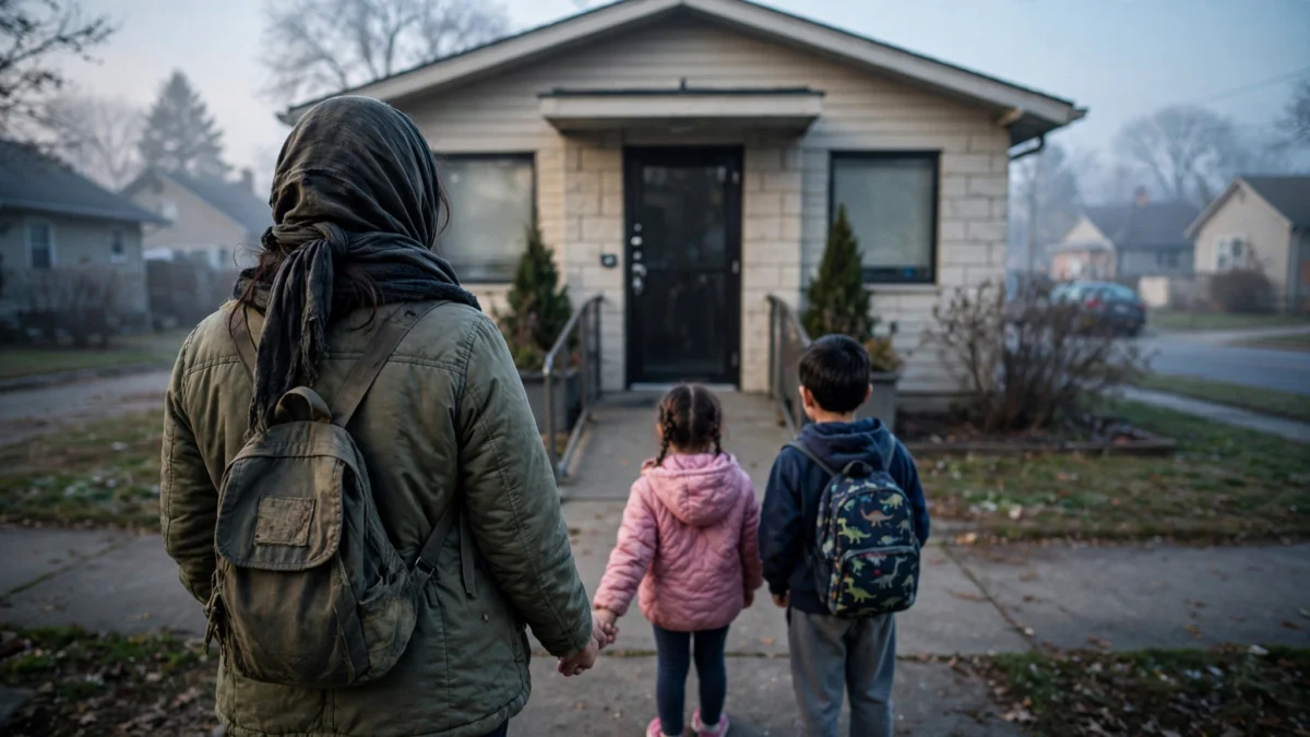 Refugee mother with two children standing at the entrance of a community health clinic in a US town at dawn
