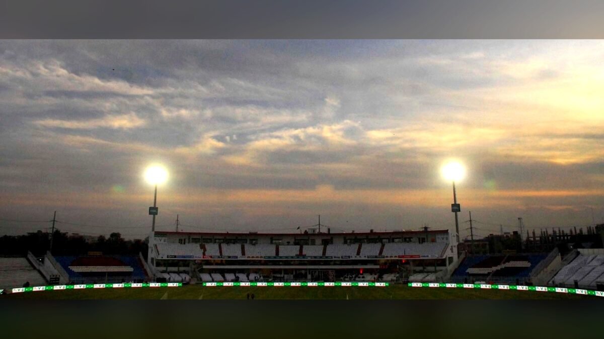 File photo: the Rawalpindi Cricket Stadium under floodlights at dusk.