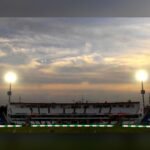 File photo: the Rawalpindi Cricket Stadium under floodlights at dusk.