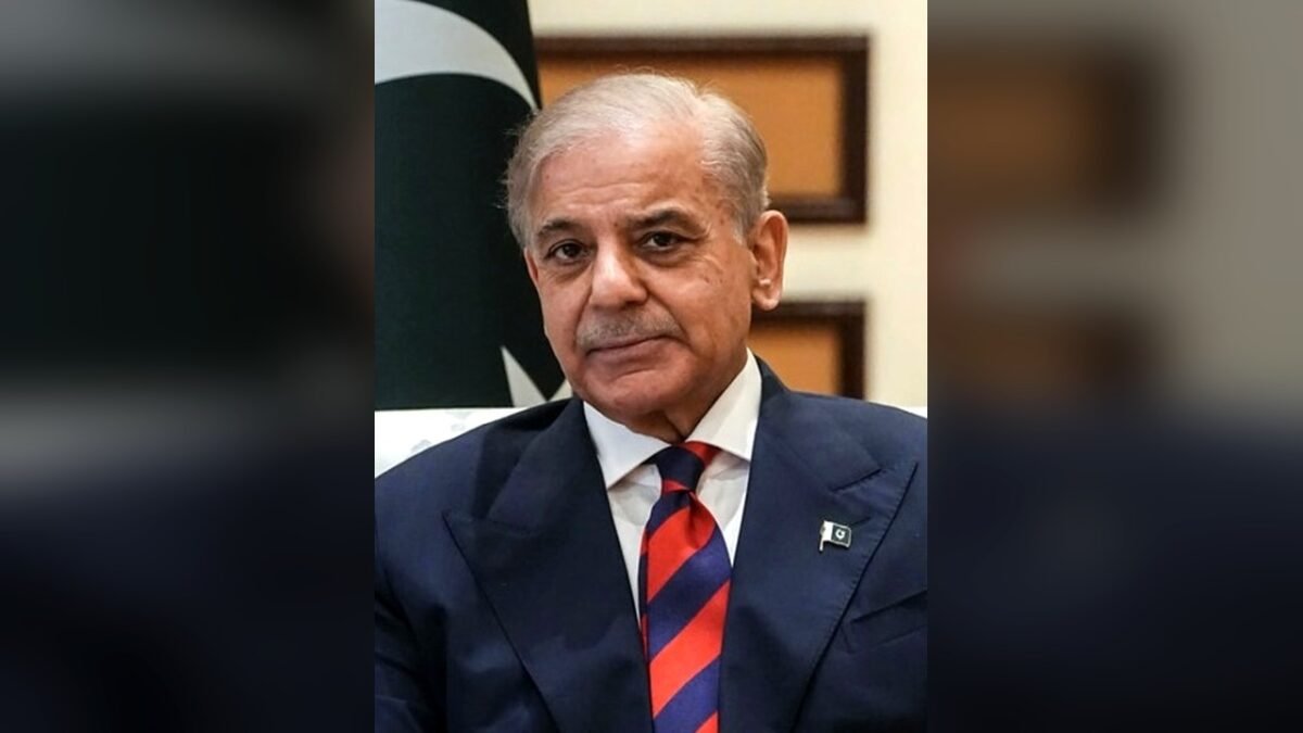 Pakistan's Prime Minister Shehbaz Sharif in a navy suit with a Pakistani flag pin, photographed in front of the Pakistani flag.